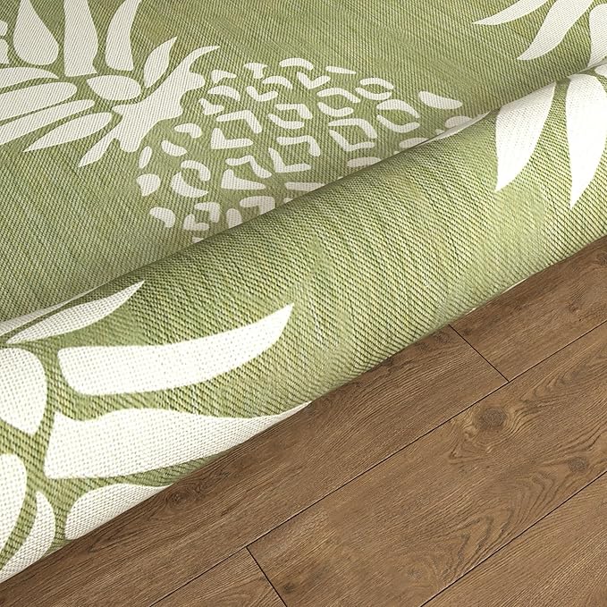 LR Home 8ft Round Indoor/Outdoor Area Rug for Home Decor | Coastal Pineapples Large Size Carpet for Living Room, Bedroom, Playroom, Patio, Garden | Tropical Farmhouse Rug | Dark Green/Beige