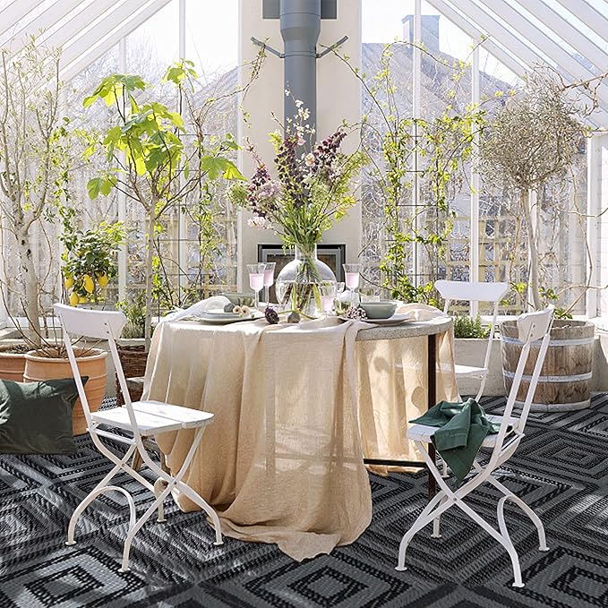 Reversible Mats, Patio Plastic Straw Modern Area Rug, Floor Mat for Outdoors, RV, Patio, Backyard, Deck, Picnic, Beach, Trailer, Camping (Diamond Black & Grey, 9' x 12')