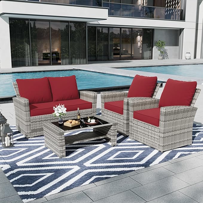 Amopatio Outdoor Cushions for Patio Furniture, Outdoor Chair Cushions Fits 8-seat Sectional Conversation Sets, Patio Replacement Seat Cushion for Patio Chairs (Burgundy)