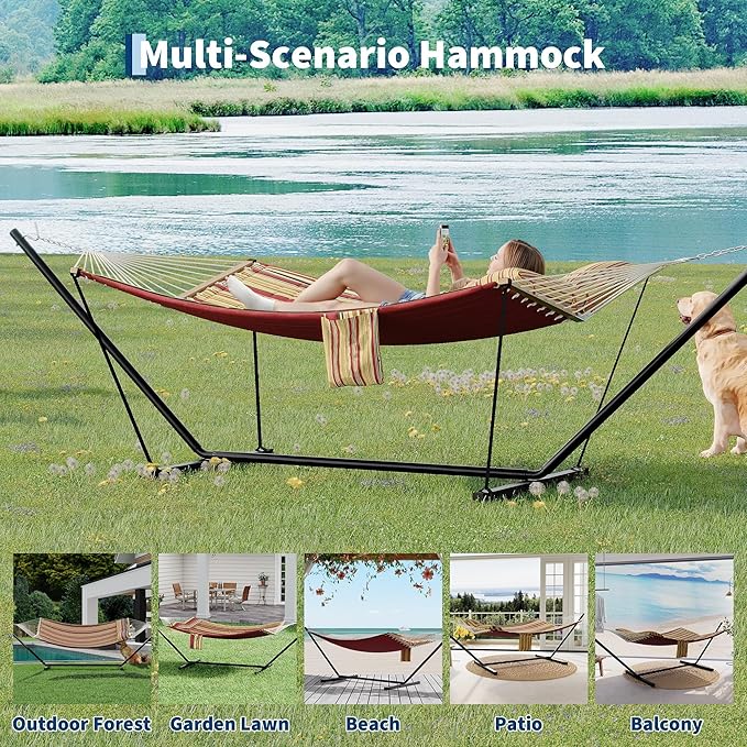 Portable 2 Person Double Hammock with Sturdy Heavy-Duty Steel Stand – 450LBS Max Load, Quick & Effortless Assembly, Perfect for Indoor Living, Yard, Patio & Camping Trips