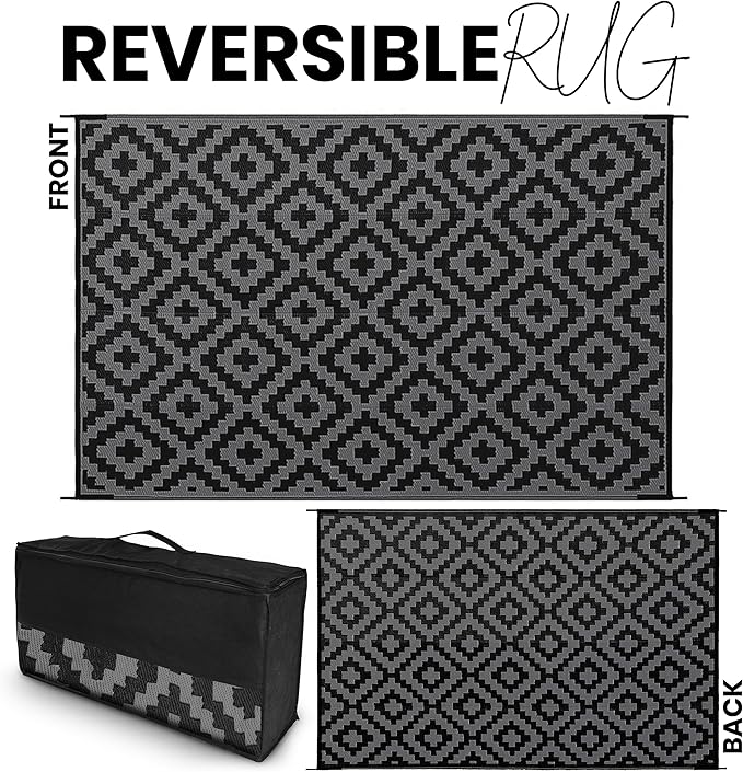 Utopia Home Waterproof Outdoor Rug for Patio 6 x 9 ft, Reversible Plastic Straw Mat for Camping, Picnics, Balcony, Patio, Diamond - Black & Grey