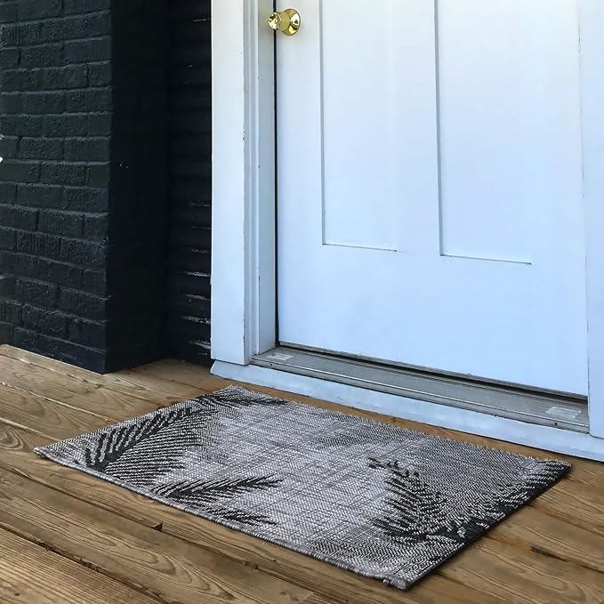LR Home 2x3 Indoor/Outdoor Area Rug for Home Decor | Coastal Palm Leaf Carpet for Living Room, Bedroom, Playroom, Patio, Garden | Modern Farmhouse Rug | Black/Gray