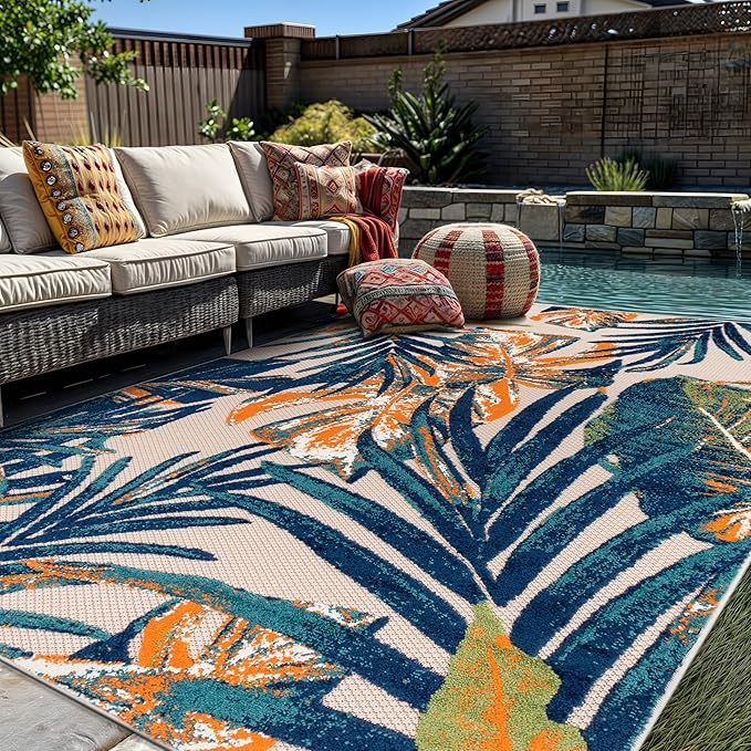 Rugshop Tropical Floral Leaves Indoor/Outdoor Area Rug Durable Polypropylene, Non-Shedding, Easy to Clean, Perfect for Patio, Backyard, Deck and Outdoor Lounge, High Traffic Areas, 6'6" x 9'