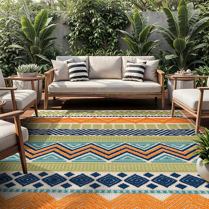 Rugshop Multi Marbella Boho Indoor/Outdoor Area Rug, Machine Washable for Backyard, Deck and Outdoor Lounge 10' x 14'