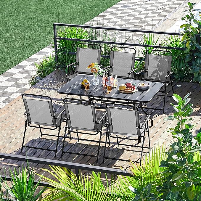 Yaheetech Outdoor Patio Chairs Set of 4, Folding Patio Chairs with Metal Frame, Armrests, Portable Dining Chairs for Camping, Lawn, Garden and Porch, Gray