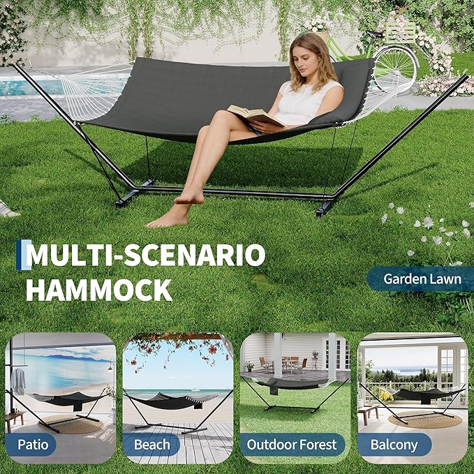 GarveeLife 2 Person Double Hammock with Stand and Pillow - 450 Lbs Capacity Heavy Duty Hammock with Balance Rope, Large Outdoor Hammock for Patio Backyard Poolside