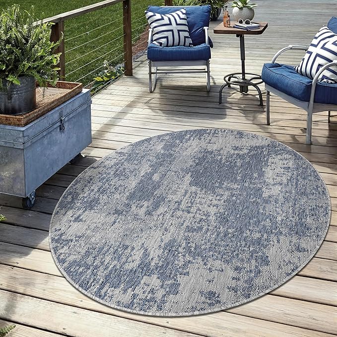 Keen Home Design Terrace Outdoor Area Rug - 63" Round Washable Indoor/Outdoor Rug for Patio, Kitchen, Balcony, Beach, Garden, Deck and Porch, Size: 5'3" Round, Abstract Navy