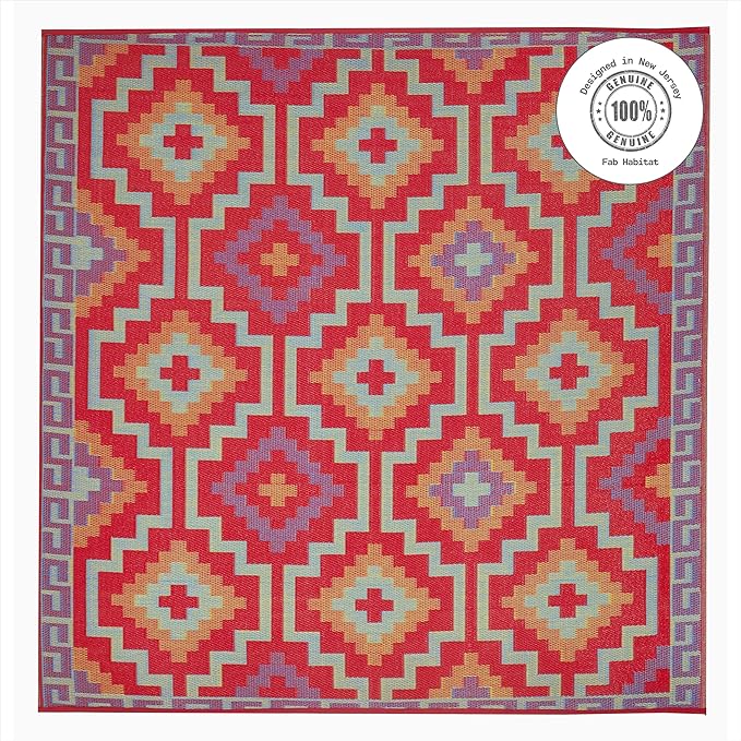 Fab Habitat Outdoor Rug - Waterproof, Fade Resistant, Crease-Free - Premium Recycled Plastic - Vintage Boho Kilim - Large Patio, Deck, Sunroom, Camping, RV - Lhasa - Orange & Violet - 8 x 8 ft