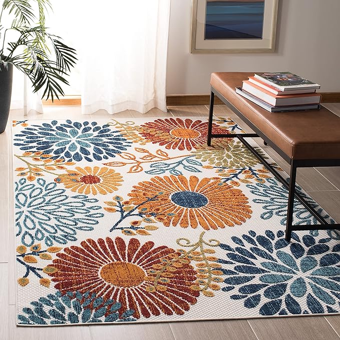 SAFAVIEH Washable Rug Outdoor Cabana Collection - 6'7" Square, Grey & Blue, Non-Shedding & Easy to Clean, Ideal for Patio, Backyard, Mudroom (CBN832F)