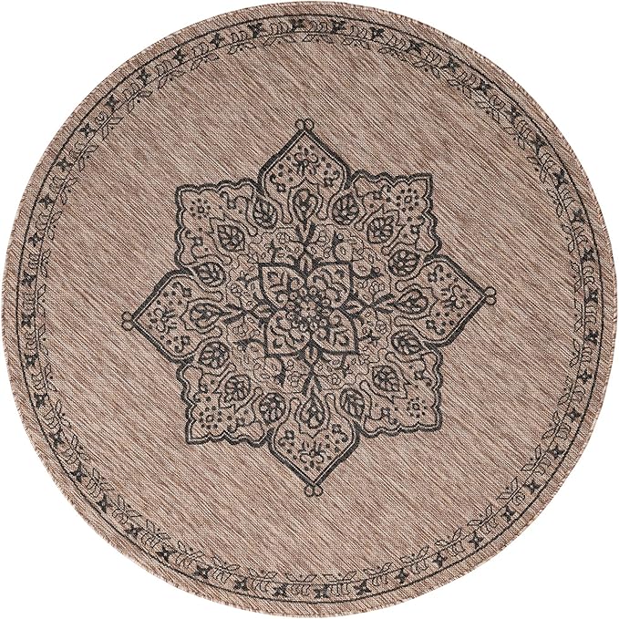 Unique Loom Outdoor Traditional Collection Area Rug - Antique (6' 1" Round Beige/Black)