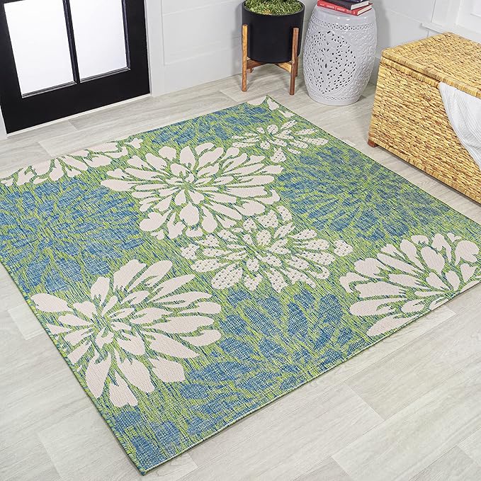 JONATHAN Y Floral Textured Weave Indoor Outdoor Square Area Rug 4X4 Cream/Green, Zinnia Modern for Backyard, Patio, Porch, Easy-Cleaning, High Traffic, Pet-Friendly, Non-Shedding (SMB110D-4SQ)