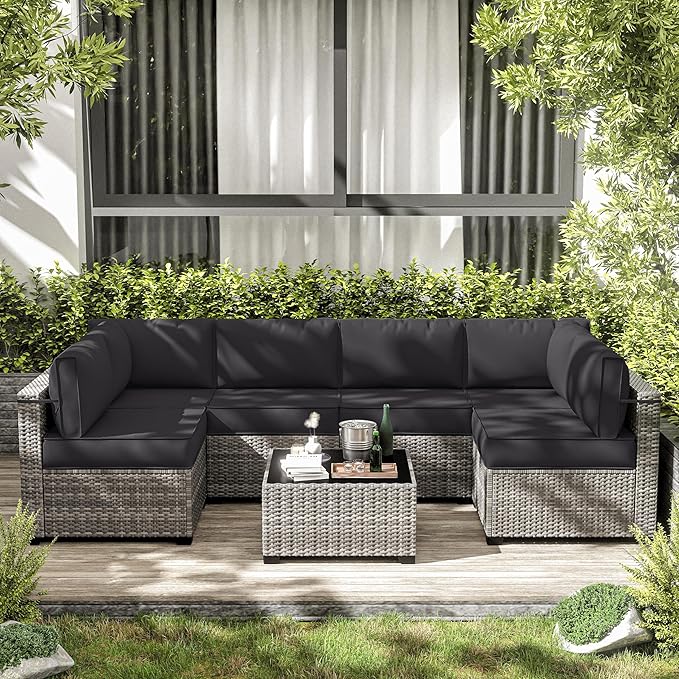 14-Piece Outdoor Cushions for Patio Furniture Thick Outdoor Chair Cushions 5" Foam High-Density Water-Resistant Deep Seat Cushion for 6-Seat Sectional Sets Liner&Cover Grey