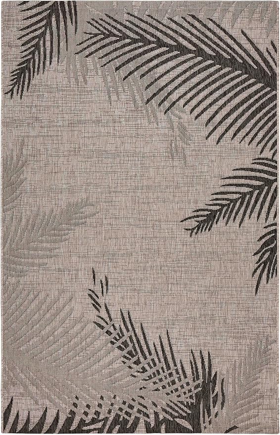 LR Home 8x10 Indoor/Outdoor Area Rug for Home Decor Coastal Palm Leaf Large Size Carpet for Living Room, Bedroom, Playroom, Patio, Garden Modern Farmhouse Rug Black/Gray