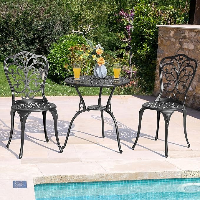 NUU GARDEN 3 Piece Bistro Set Outdoor, All Weather Cast Aluminum Patio Bistro Sets Patio Table and Chairs Set of 2 with Umbrella Hole for Yard, Balcony, Black, Butterfly Backrest