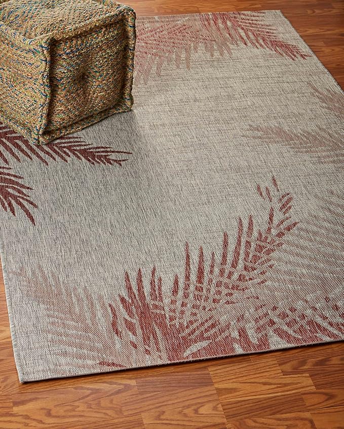 LR Home 8x10 Indoor/Outdoor Area Rug for Home Decor | Coastal Palm Leaf Large Size Carpet for Living Room, Bedroom, Playroom, Patio, Garden | Modern Farmhouse Rug | Red/Beige