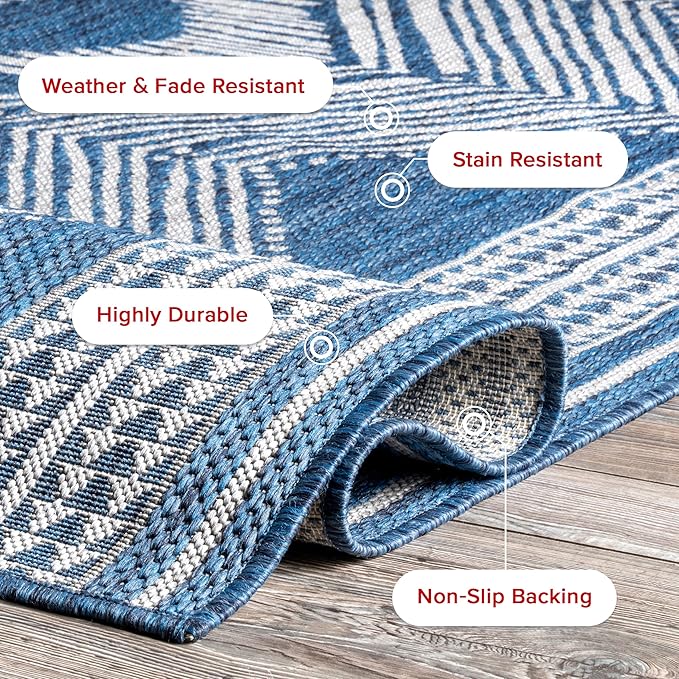 nuLOOM 4' x 6' Outdoor Tribal Geometric Area Rug, Stain Resistant, Weather Resistant, High Traffic, Patio, Balcony, Outside, Ranya Blue