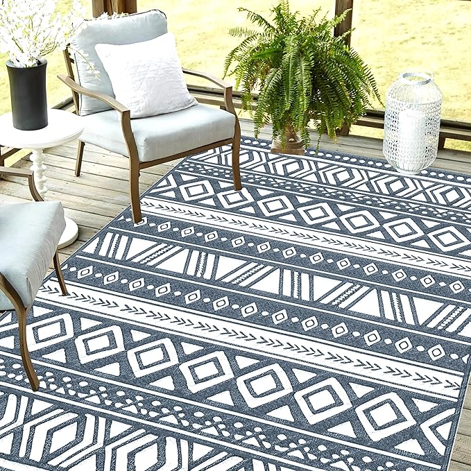 Utopia Home Waterproof Outdoor Rug for Patio 6 x 9 ft, Reversible Plastic Straw Mat for Camping, Picnics, Balcony, Patio, Aztec - Grey & Light Grey