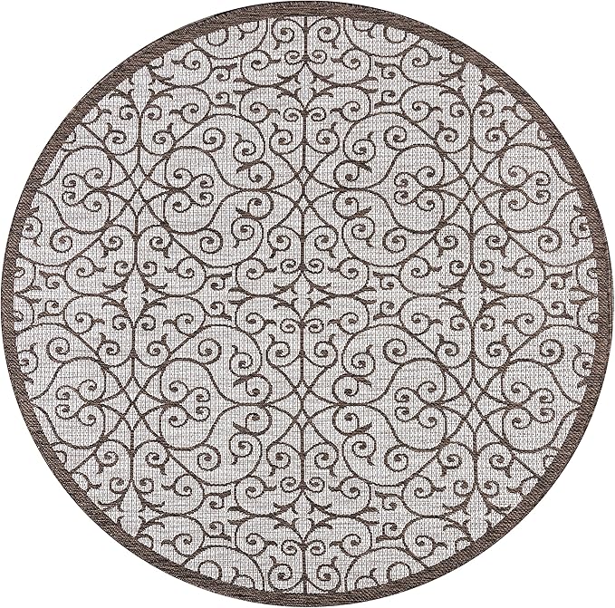 JONATHAN Y Vintage Filigree Indoor Outdoor Round Area Rug 8 Ft Taupe/Espresso, Madrid Textured Weave for Backyard, Patio, Porch, Easy-Cleaning, High Traffic, Pet-Friendly, Non-Shedding (SMB107C-8R)