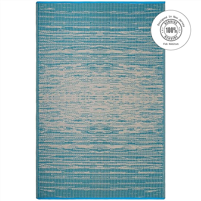 Fab Habitat Outdoor Rug - Waterproof, Fade Resistant, Crease-Free - Premium Recycled Plastic - Distressed Abstract - Porch, Deck, Balcony, Mudroom, Laundry Room, Patio - Brooklyn - Teal - 3 x 5 ft