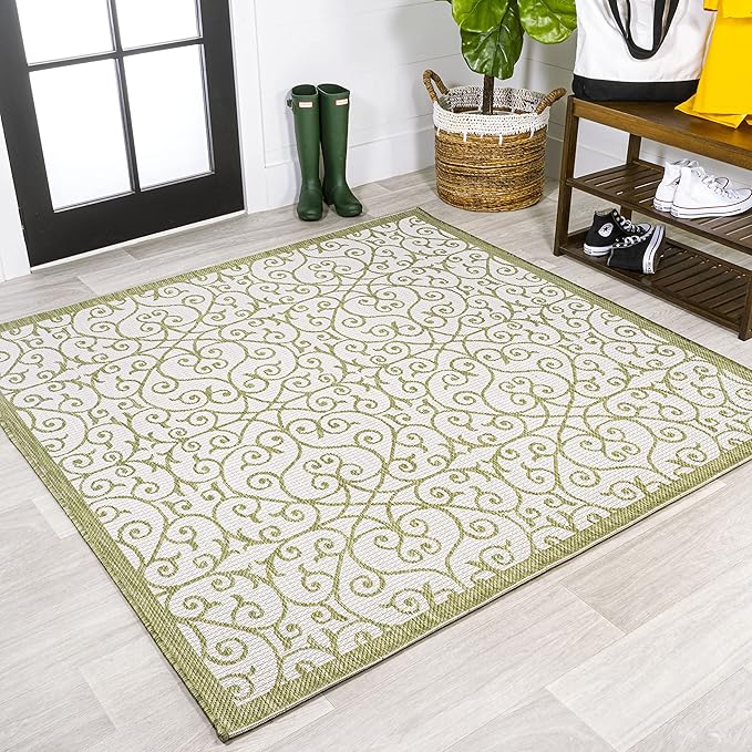 JONATHAN Y Vintage Filigree Indoor Outdoor Square Area Rug 5X5 Green/Cream, Madrid Textured Weave for Backyard, Patio, Porch, Easy-Cleaning, High Traffic, Pet-Friendly, Non-Shedding (SMB107H-5SQ)