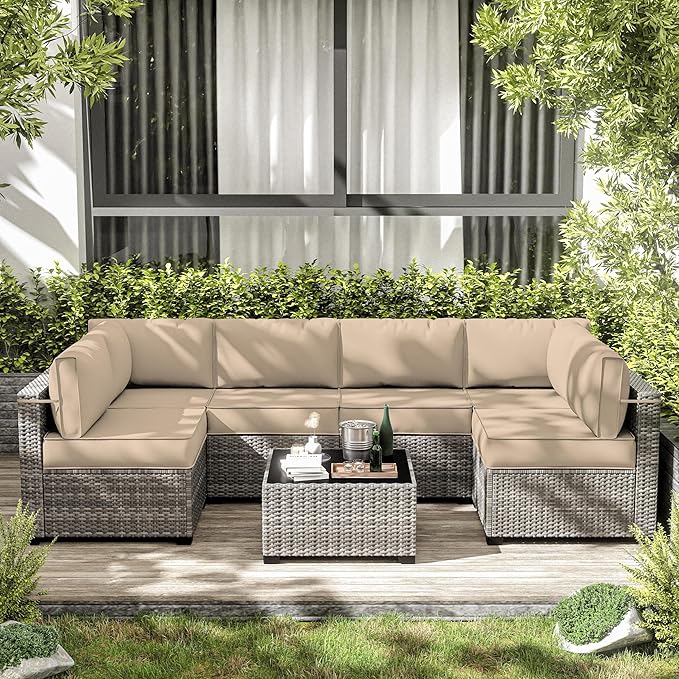 14-Piece Outdoor Cushions for Patio Furniture Thick Outdoor Chair Cushions 5" Foam High-Density Water-Resistant Deep Seat Cushion for 6-Seat Sectional Sets Liner&Cover Sand