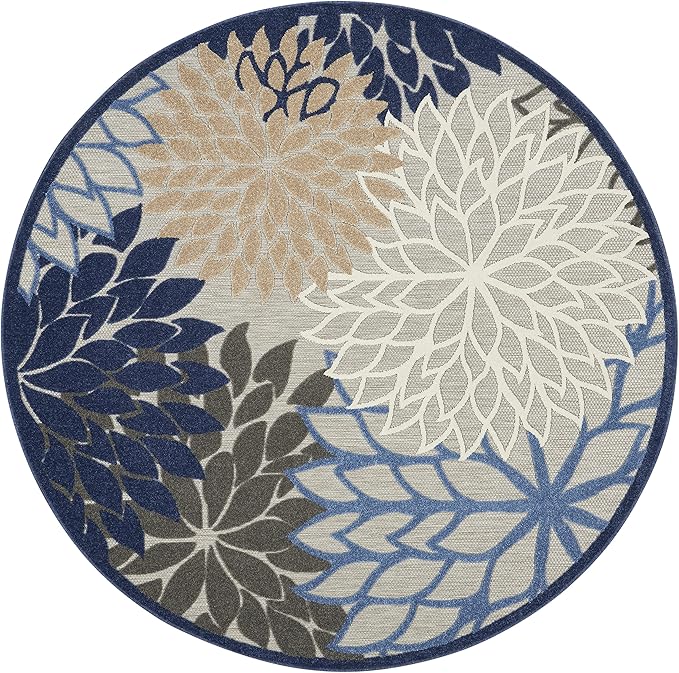 Nourison Home Aloha Indoor/Outdoor Blue/Multicolor 7'10" x Round Area Rug, Tropical, Botanical, Easy Cleaning, Non Shedding, Bed Room, Living Room, Dining Room, Deck, Backyard, Patio (8 Round)
