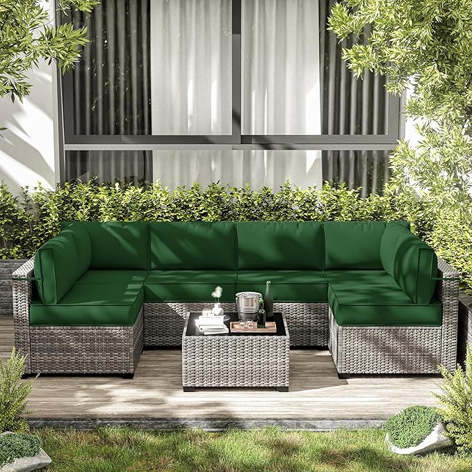 14-Piece Outdoor Cushions for Patio Furniture Thick Outdoor Chair Cushions 5" Foam High-Density Water-Resistant Deep Seat Cushion for 6-Seat Sectional Sets Liner&Cover Green
