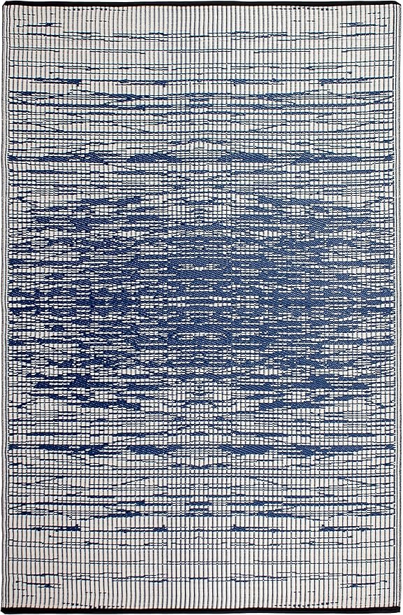 Fab Habitat Outdoor Rug - Waterproof, Fade Resistant, Crease-Free, Reversible - Premium Recycled Plastic - Distressed Abstract Stripes - Patio, Porch, Deck, Balcony - Brooklyn - Blue - 5 x 8 ft