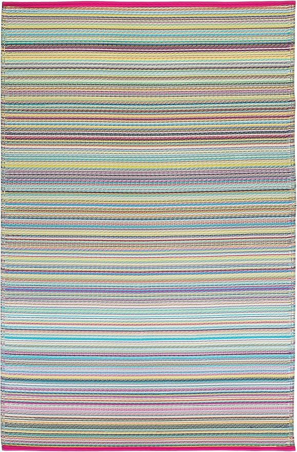 Fab Habitat Outdoor Rug - Waterproof, Fade Resistant, Crease-Free - Premium Recycled Plastic - Striped - Patio, Porch, Deck, Balcony - Cancun - Candy - 5 x 8 ft