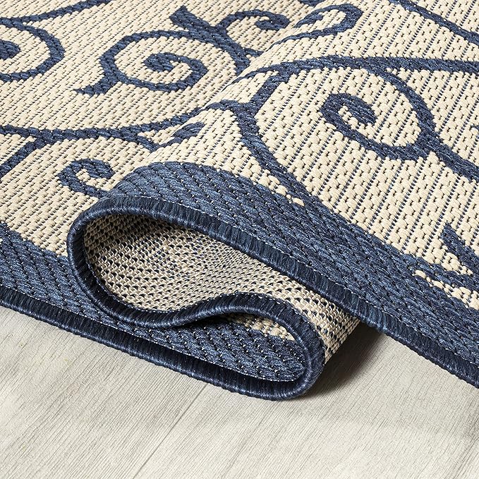 JONATHAN Y Vintage Filigree Indoor Outdoor Area Rug 5X8 Navy/Beige, Madrid Textured Weave for Backyard, Patio, Porch, Easy-Cleaning, High Traffic, Pet-Friendly, Non-Shedding (SMB107G-5)