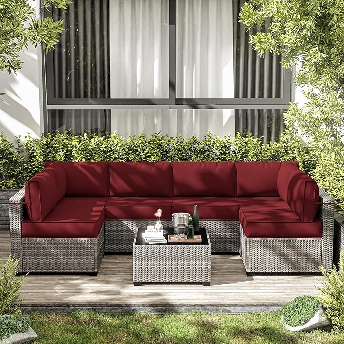 14-Piece Outdoor Cushions for Patio Furniture Thick Outdoor Chair Cushions 5" Foam High-Density Water-Resistant Deep Seat Cushion for 6-Seat Sectional Sets Liner&Cover Burgundy