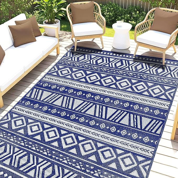 Utopia Home Waterproof Outdoor Rug for Patio 6 x 9 ft, Reversible Plastic Straw Mat for Camping, Picnics, Balcony, Patio, Aztec - Navy & White