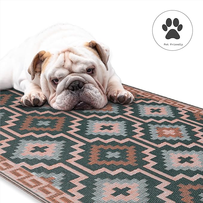Fab Habitat Outdoor Rug - Waterproof, Fade Resistant, Crease-Free, Reversible - Premium Recycled Plastic - Vintage Boho Kilim - Patio, Porch, Deck, Balcony - Lhasa - Green - 5 x 8 ft