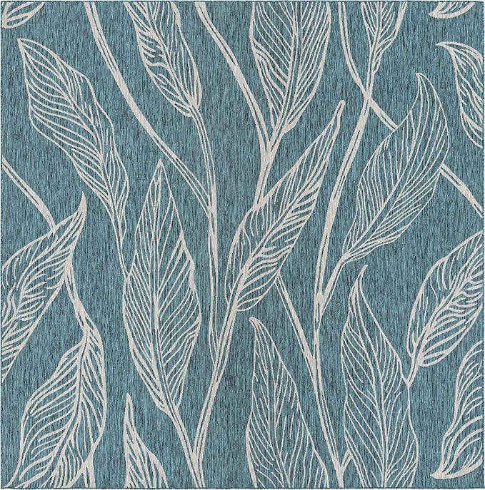 Unique Loom Outdoor Botanical Collection Area Rug - Leaf (10' 8" Square, Teal/ Ivory)