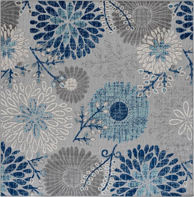 SAFAVIEH Washable Rug Outdoor Cabana Collection - 5'3" Square, Grey & Blue, Non-Shedding & Easy to Clean, Ideal for Patio, Backyard, Mudroom (CBN832F)