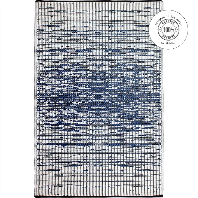 Fab Habitat Outdoor Rug - Waterproof, Fade Resistant, Crease-Free, Reversible - Premium Recycled Plastic - Distressed Abstract Stripes - Patio, Porch, Deck, Balcony - Brooklyn - Blue - 5 x 8 ft