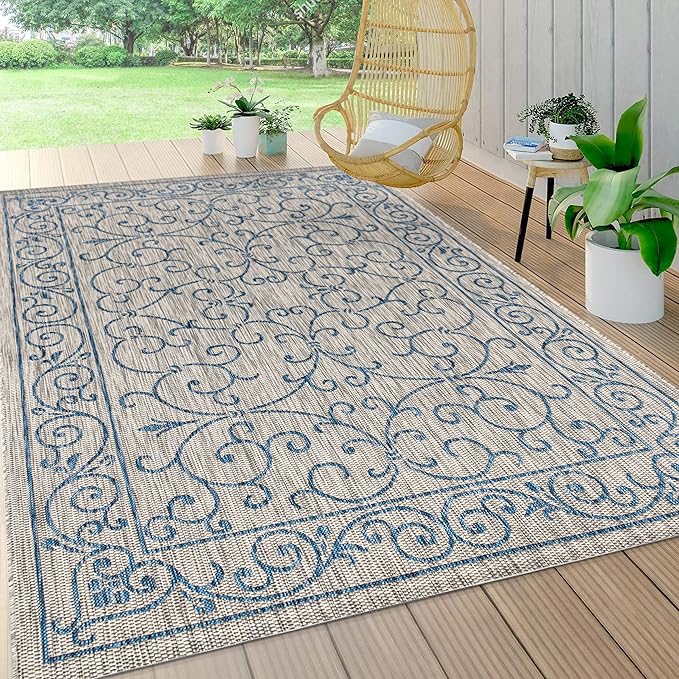 JONATHAN Y Vintage Filigree Indoor Outdoor Area Rug 3X5 Gray/Navy, Charleston Textured Weave for Backyard, Patio, Porch, Easy-Cleaning, High Traffic, Pet-Friendly, Non-Shedding (SMB106C-3)