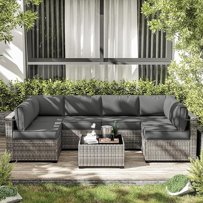 14-Piece Outdoor Cushions for Patio Furniture Thick Outdoor Chair Cushions 5" Foam High-Density Water-Resistant Deep Seat Cushion for 6-Seat Sectional Sets Liner&Cover Light Grey