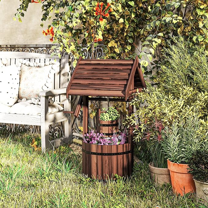 Outsunny Wooden Wishing Well Planter with Adjustable Hanging Bucket, Rustic Wishing Well for Outside, Decorative Flower Planter with Drainage Hole for Garden Patio, Carbonized
