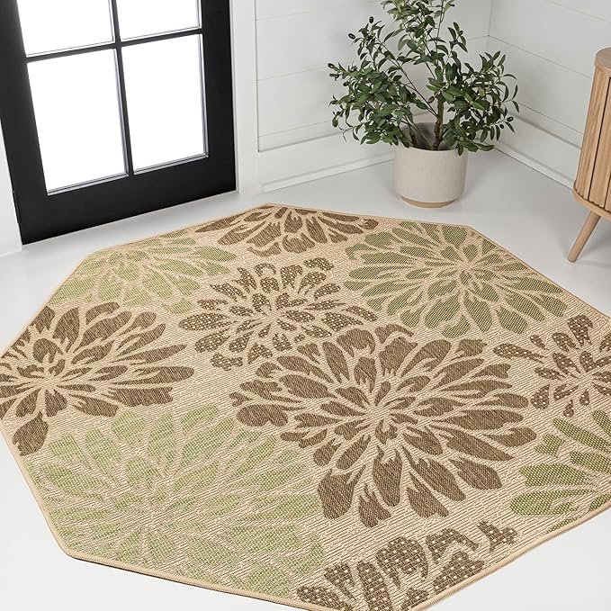 JONATHAN Y Floral Textured Weave Indoor Outdoor Octagon Area Rug 5 Ft Sage/Brown, Zinnia Modern for Backyard, Patio, Porch, Easy-Cleaning, High Traffic, Pet-Friendly, Non-Shedding (SMB110A-5TGN)