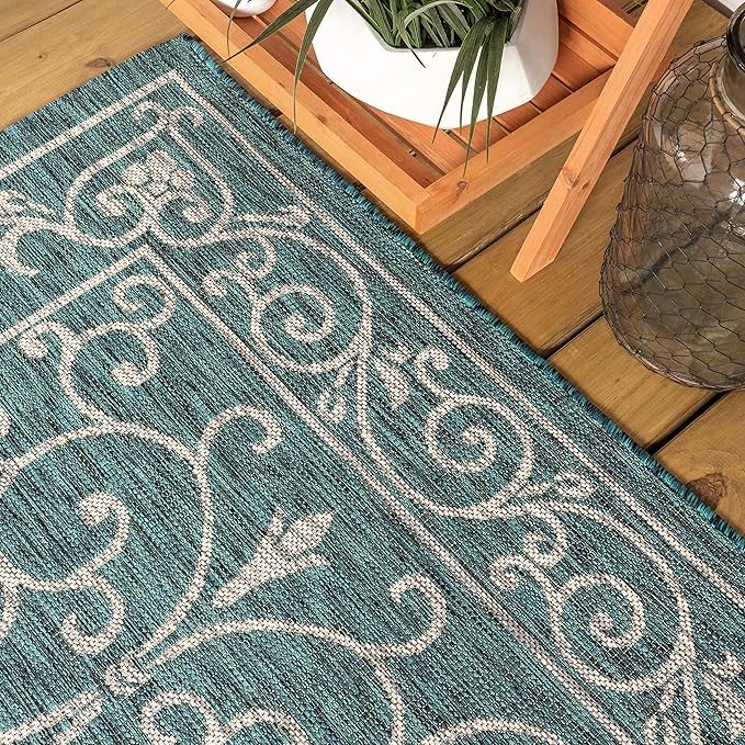 JONATHAN Y Vintage Filigree Indoor Outdoor Round Area Rug 5 Ft Teal/Gray, Charleston Textured Weave for Backyard, Patio, Porch, Easy-Cleaning, High Traffic, Pet-Friendly, Non-Shedding (SMB106F-5R)