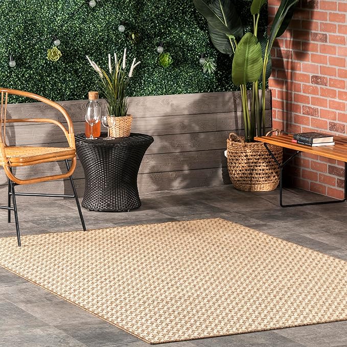 Nuloom Outdoor Performance Camryn Brown/Ivory, 8' Square, Herringbone, Soft, High Traffic, Stain Resistant, Easy Clean, Durable Area Rug for Indoor/Outdoor Patio, Deck, Porch, Garden, Courtyard