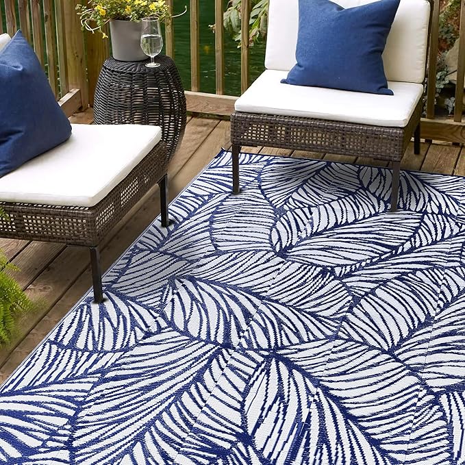 Utopia Home Waterproof Outdoor Rug for Patio 6 x 9 ft, Reversible Plastic Straw Mat for Camping, Picnics, Balcony, Patio, Leaves - Navy & White