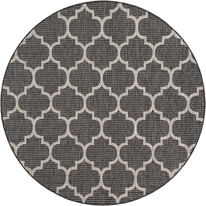 Unique Loom Outdoor Trellis Collection Area Rug (6' 1" Round Black/Ivory)