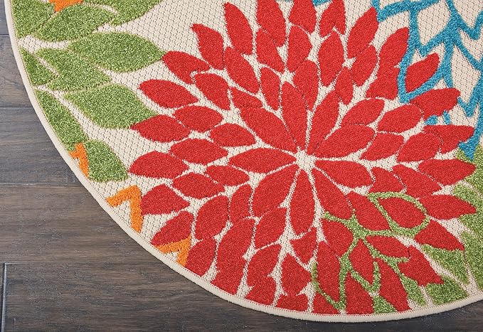 Nourison Home Aloha Indoor/Outdoor Green 5'3'' x Round Area-Rug, Tropical, Botanical, Easy-Cleaning, Non Shedding, Bed Room, Living Room, Dining Room, Deck, Backyard, Patio (5 Round)
