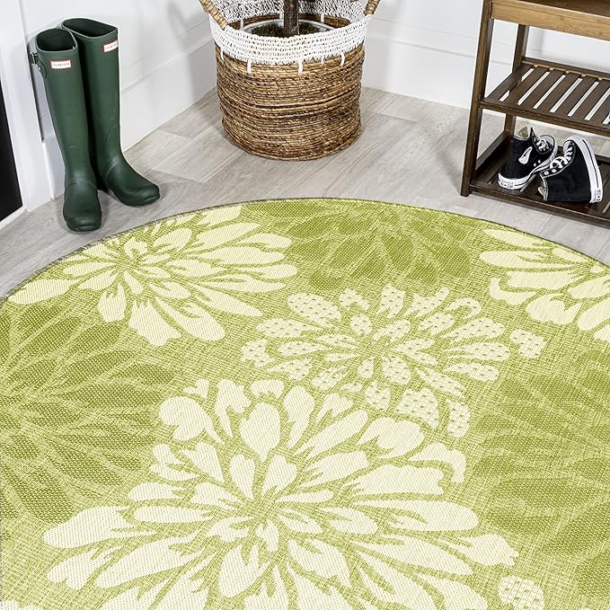 JONATHAN Y Floral Textured Weave Indoor Outdoor Round Area Rug 5 Ft Green/Cream, Zinnia Modern for Backyard, Patio, Porch, Easy-Cleaning, High Traffic, Pet-Friendly, Non-Shedding (SMB110H-5R)
