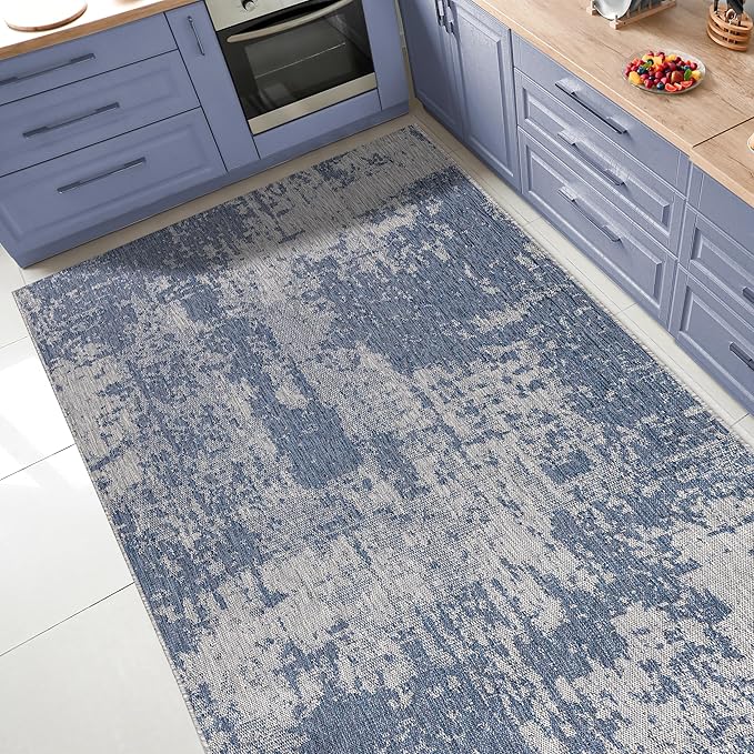 Keen Home Design Terrace Outdoor Area Rug - 46"x67" Washable Indoor/Outdoor Rug for Patio, Kitchen, Balcony, Beach, Garden, Deck and Porch, Size: 3'10" x 5'7", Abstract Navy
