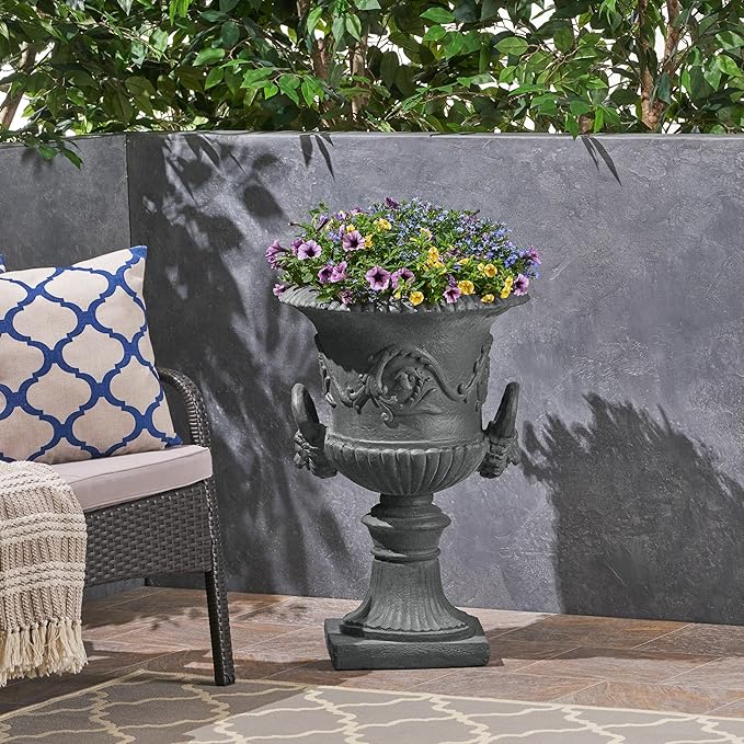 Merax 28-inch MGO Roman Garden Urn Planter, Lightweight Concrete Indoor Outdoor Flower Pot with Drainage Hole & Stopper, Stone-Look Planter for Plants, Flowers, Succulents, and Herbs, Antique Gray