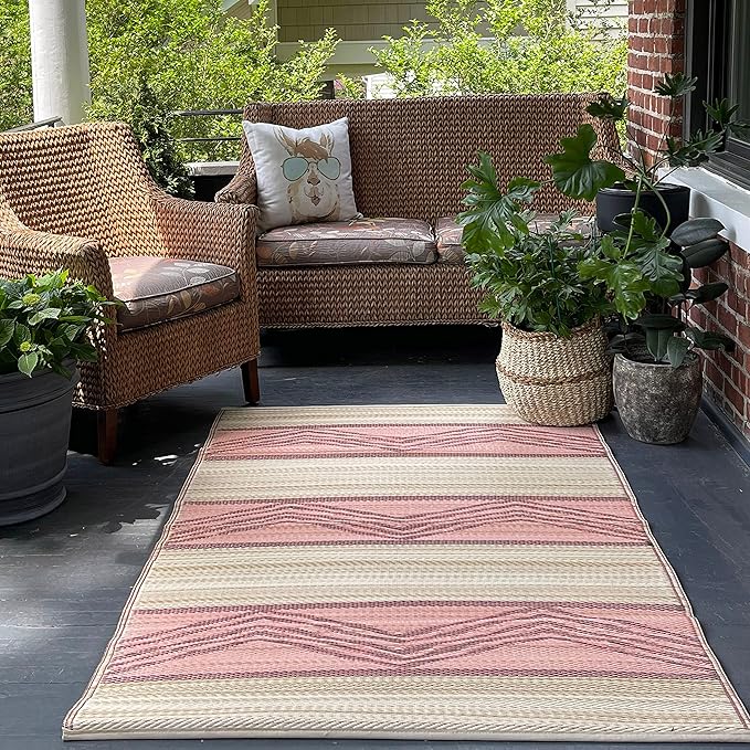 Fab Habitat Outdoor Rug - Waterproof, Fade Resistant, Crease-Free - Premium Recycled Plastic - Tribal Boho - Porch, Deck, Balcony, Mudroom, Laundry Room, Patio - Lagos - Sand & Coral - 3 x 5 ft