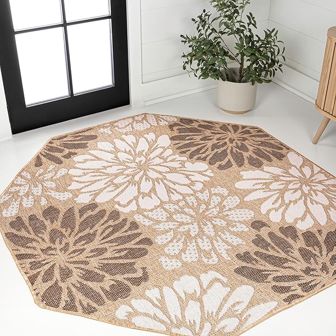 JONATHAN Y Floral Textured Weave Indoor Outdoor Octagon Area Rug 5 Ft Brown/Cream, Zinnia Modern for Backyard, Patio, Porch, Easy-Cleaning, High Traffic, Pet-Friendly, Non-Shedding (SMB110I-5TGN)